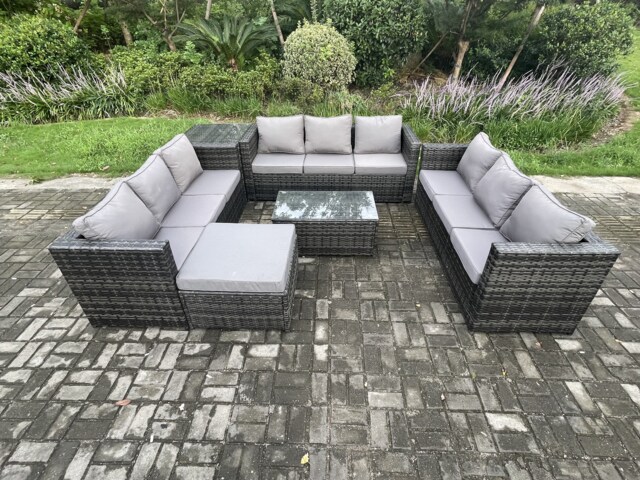 Fimous 10 Seater Outdoor Lounge Sofa Set Wicker PE Rattan Garden Furniture Set with Oblong Coffee Table Side Table Big Footstool Dark Grey Mixed