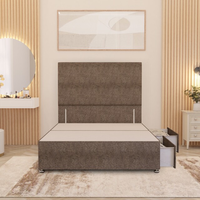 Divan Bed Base with 2 Drawers & Plain Floor Standing Headboard Tweed Fabric Brown Coffee