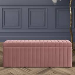 90cm Wide Lux Ottoman Storage Box, Pink Velvet Upholstered Full Striped Storage Ottoman Box