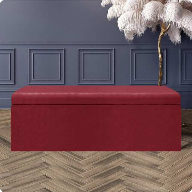 180cm Large Plain Safar Storage Ottoman Box, Red Plush Velvet Upholstered Deep Storage Ottoman End of Bed Bench