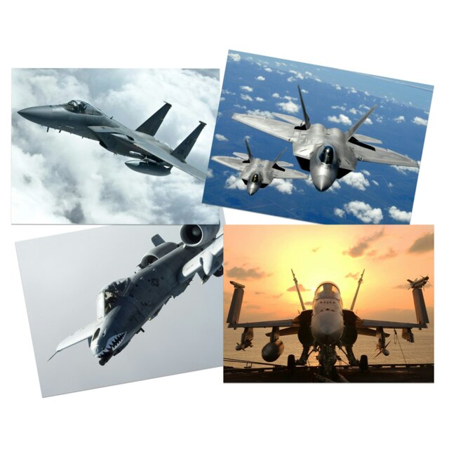Set of 4 A-10 Warthog F-15 Eagle F-18 Hornet F-22 Raptor Fighter Jets Wall Art Print Posters 12x16 Inch