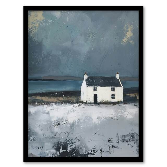 Scottish Lochside Farmhouse Oil Shore Living Room Black Framed Wall Art Print A4