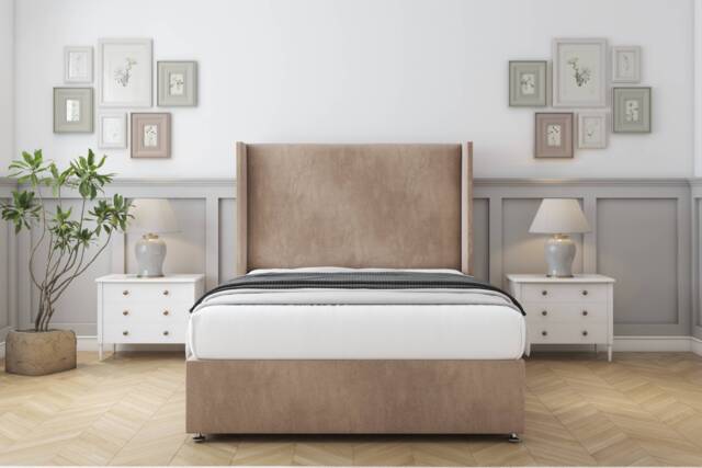 "Sloomy Devonshire Mink Naples Divan Bed With Mattress No Drawers With 54"" Wingback Headboard 2'6 Small Single Brown Mink Small Single 1"