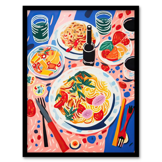 Spaghetti Pasta Night Henri Matisse Style Kitchen Food Black Framed Wall Art Print A4