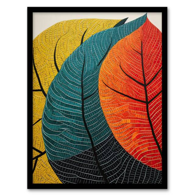 Close Up Autumn Leaves Gond Style Abstract Orange Black Framed Wall Art Print A4