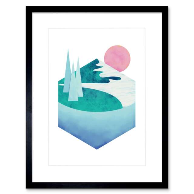 "Mid Century Modern Mountains Lake Sunset 9x7"" Black Framed Wall Art Print"