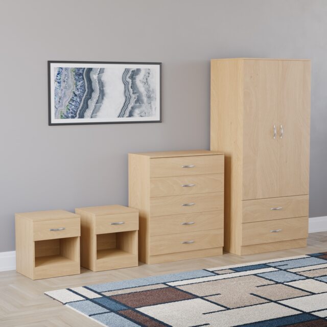 Vida Designs Riano 4 Piece Bedroom Set (2x 1 Drawer Bedside Chest, 5 Drawer Chest, 2 Door 2 Drawer Wardrobe) - Pine