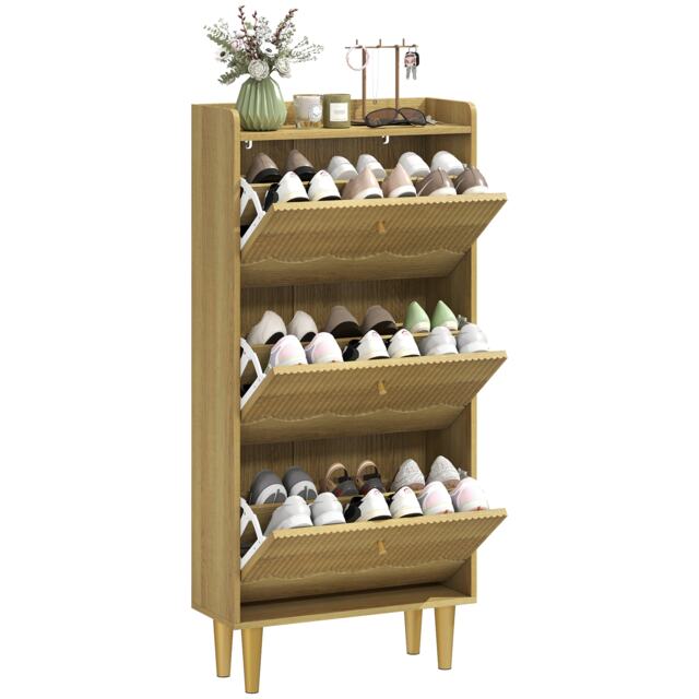 HOMCOM Narrow Shoe Cabinet, Shoe Storage Cabinet with 3 Flip Drawers, Oak Brown Oak 60W x 24D x 128H cm