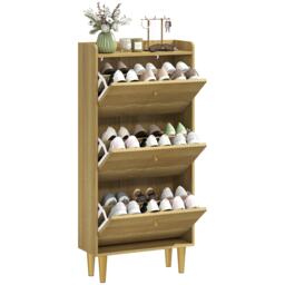 HOMCOM Narrow Shoe Cabinet, Shoe Storage Cabinet with 3 Flip Drawers, Oak Brown Oak 60W x 24D x 128H cm