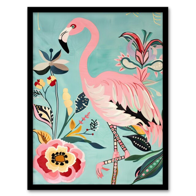 Flamingo Bird Exotic Flowers Bright Living Room Black Framed Wall Art Print A4