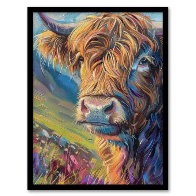 Scottish Highland Hairy Oil Living Room Cow Black Framed Wall Art Print A4