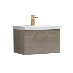 Balterley Wall Hung Bathroom 1 Drawer Vanity Unit and 1 Tap Hole Ceramic Basin, Woodgrain Mid Oak with Handle Brown Solace Oak