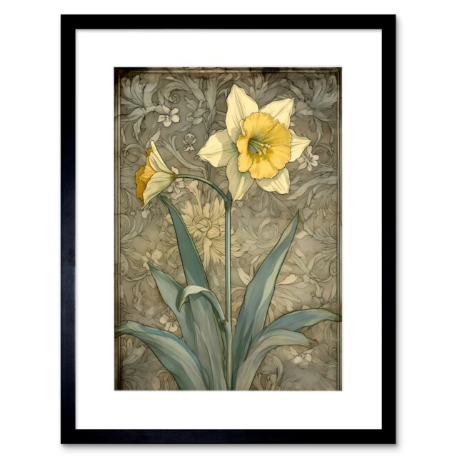 "Daffodil Flower Pastel Watercolour Art Nouveau 9x7"" Black Framed Wall Art Print"