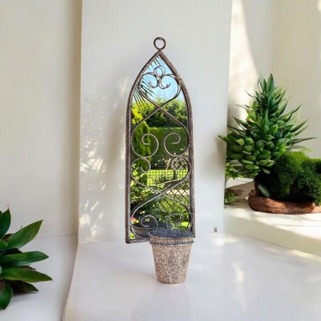 56cm Rusty Wall Mirror with Single Planter - Distressed Metal - L15 x W20 x H65 cm