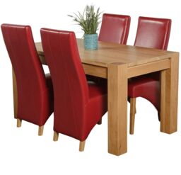 Kuba 150 x 85 cm Chunky Medium Oak Dining Table and 4 Lola Leather Chairs Red Red