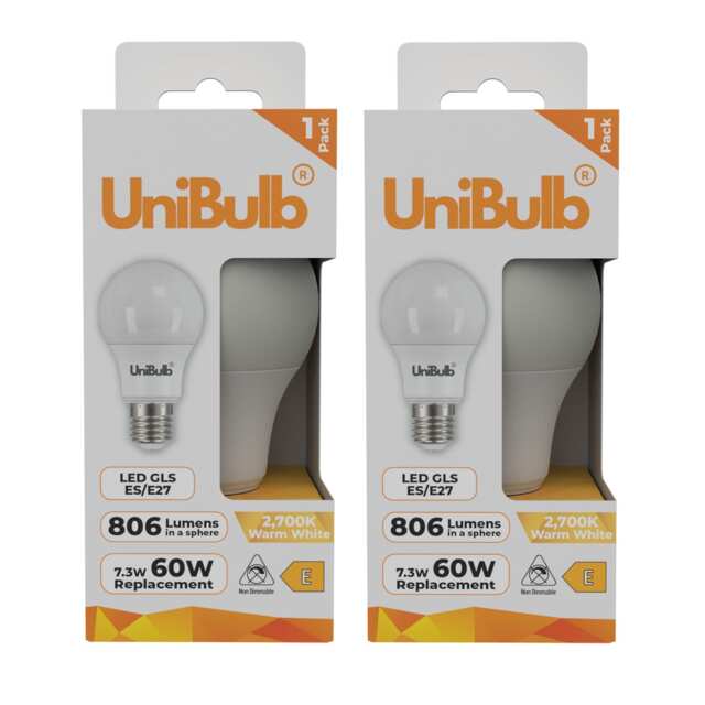 UniBulb LED GLS E27 Edison Screw (ES) 806lm 7.3W (Replaces 60W) 2700K (Warm White) Light Bulb - Pack of 2