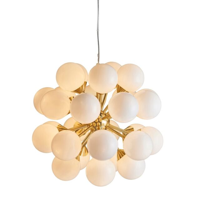 Oscar Globe Pendant Satin Brushed Gold Effect Plate & Gloss White Glass 28 Light Dimmable IP20 - G9