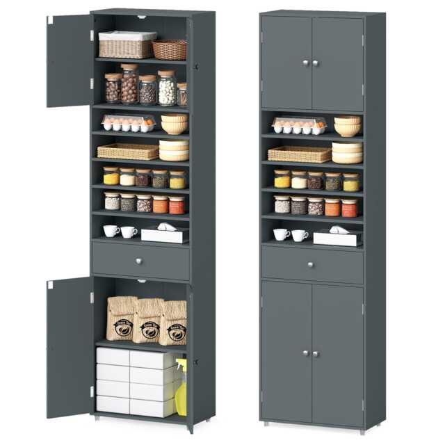 COSTWAY Tall Bathroom Storage Cabinet 180CM Linen Cabinet Organizer Doors Grey