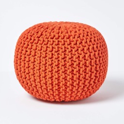 Homescapes Burnt Orange Round Cotton Knitted Pouffe Footstool - 35 x 40 cm Orange H 35cm x W 40cm