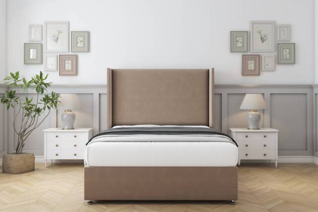 "Sloomy Devonshire Mink Plush Divan Bed With Mattress 2 Drawers Footend With 54"" Wingback Headboard 6' Super King Brown Mink Super King 1"