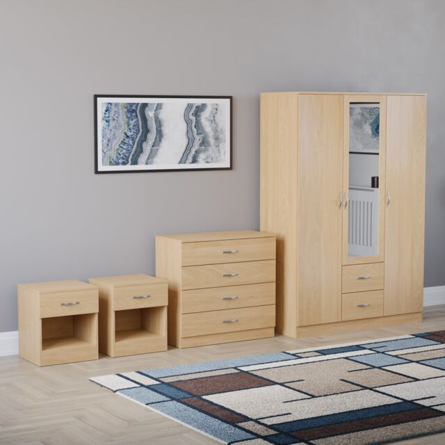 Vida Designs Riano 4 Piece Bedroom Set (2x 1 Drawer Bedside Chest, 4 Drawer Chest, 3 Door 2 Drawer Mirrored Wardrobe) - Pine