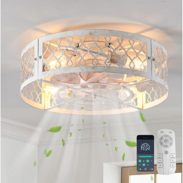 Industrial Flush Mount Ceiling Fan White 4xE27 50cm with Remote Control