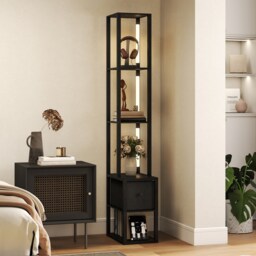 HOMCOM Floor Lamp with Shelves, LED Column Modern Standing Lamp with Fabric Drawer, Adjustable Brightness, Foot Switch for Living Room, Bedroom, Office, Black Black
