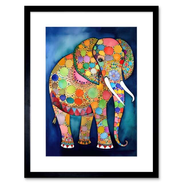 "Elephant Patterns Folk Art Watercolour Painting 9x7"" Black Framed Wall Art Print"