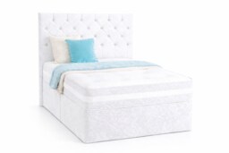 Chesterfield White Crushed Velvet Small Single 2ft6 Divan Bed With 54inch Floorstanding Headboard and Mattress 2 Drawers Same Side