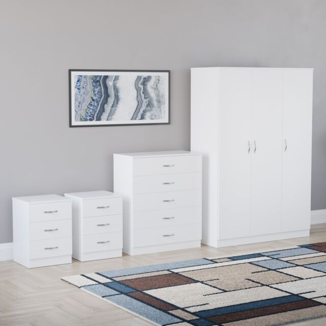Vida Designs Riano 4 Piece Bedroom Set (3 Drawer Bedside Chest, 5 Drawer Chest, 3 Door Wardrobe), White (6)
