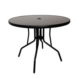 4 Person Round Black Garden Table with Glass Top & Parasol Hole
