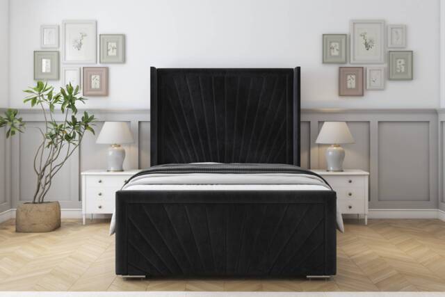 "Sloomy Rutherford Black Naples Bed Frame With Mattress With 50"" Upholstered Wingback Headboard 2'6 Small Single"