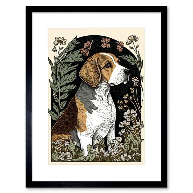 "Beagle Dog Daisies Modern Stylised 9x7"" Black Framed Wall Art Print"
