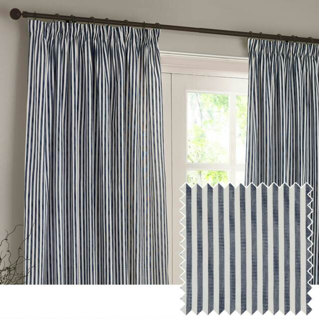 Yard Hebden Striped Cotton Navy Pencil Pleat Curtains (W)168cm x (D)183cm Multi