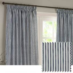 Yard Hebden Striped Cotton Navy Pencil Pleat Curtains (W)168cm x (D)183cm Multi