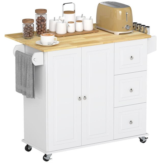 HOMCOM Kitchen Island on Wheels, Kitchen Cart with Drop Leaf, White White