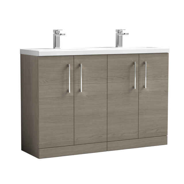 Balterley Level Floor Standing 4 Door Double Basin Vanity Unit for Modern Bathroom Storage Brown Grey Vicenza Oak