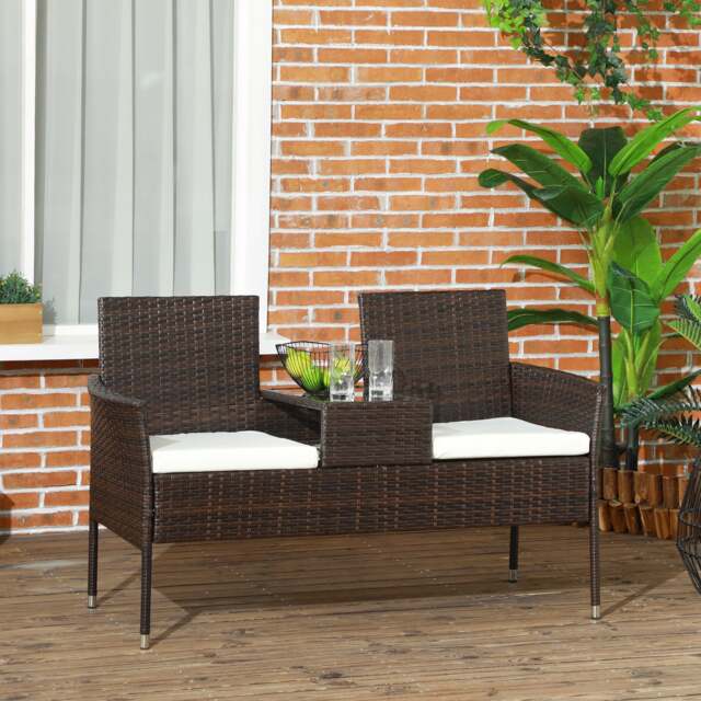 Outsunny 2 Seat Rattan Garden Bench, Patio Wicker Chair with Glass Tea Table, Outdoor Love Seat with Padded Cushions, for Garden, Porch, Brown/Cream White Brown