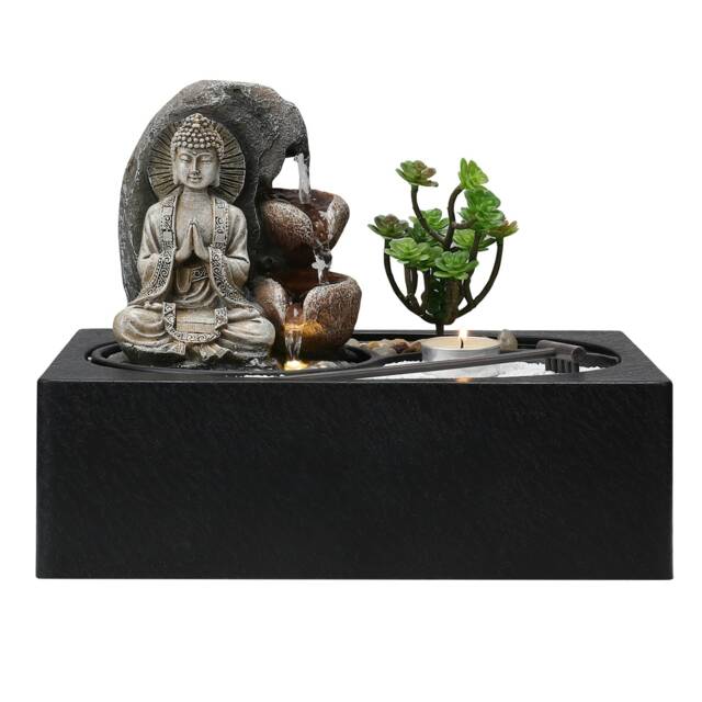 Living and Home Buddha Zen Tabletop Fountain with LED Light, Tealight Holder, and Succulent