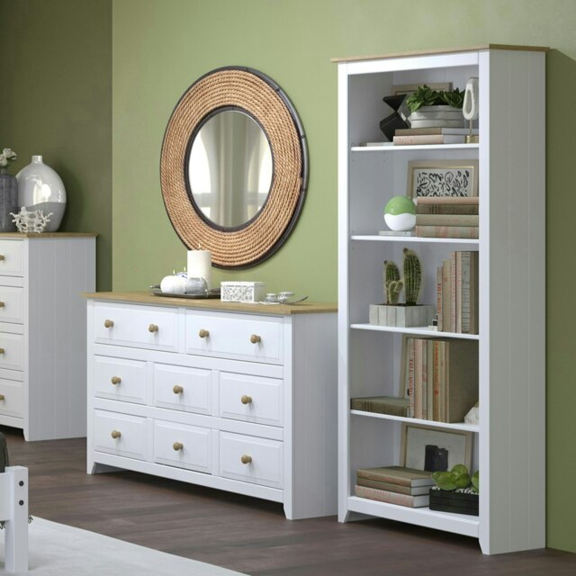 Capri White 5-Shelf Tall Bookcase - Arctic White Finish with Antique Pine Accents and Shaker Style Legs White Arctic White One Size 1