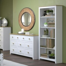 Capri White 5-Shelf Tall Bookcase - Arctic White Finish with Antique Pine Accents and Shaker Style Legs White Arctic White One Size 1