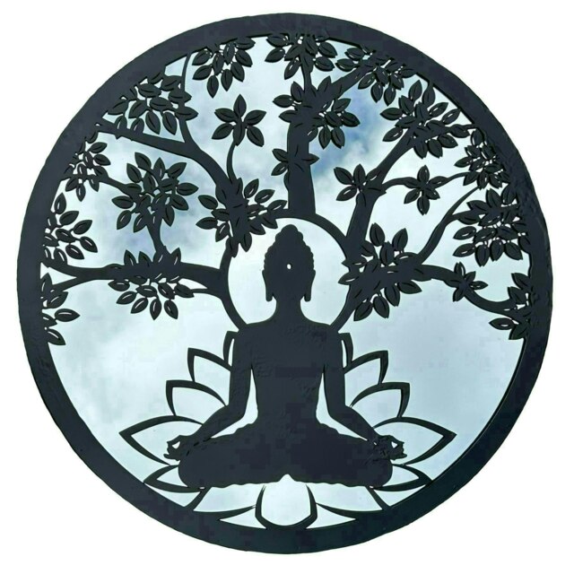 Black Metal Round Buddha Tree Mirror Wall Art Garden Home Gift Black