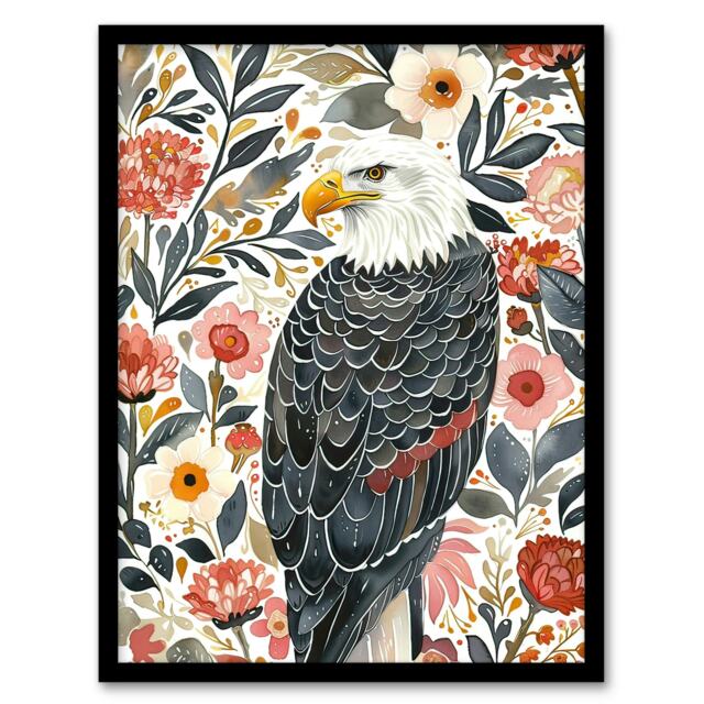 American Bald Eagle Floral Watercolour Portrait Black Framed Wall Art Print A4