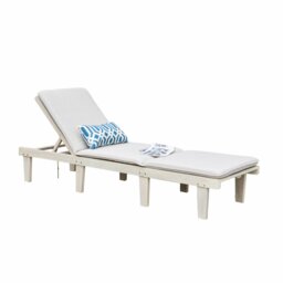 Direct Wicker 5‑Position Adjustable Wooden Lounge with Cushions, Sanded Solid Wood Outdoor Lounger for Patio, Garden, Balcony