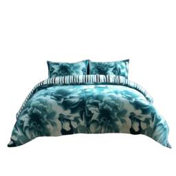 Duvet Cover And Pillowcase Set Reversible Rose And Stripe Design Polycotton Bed Linen Blue Teal Double