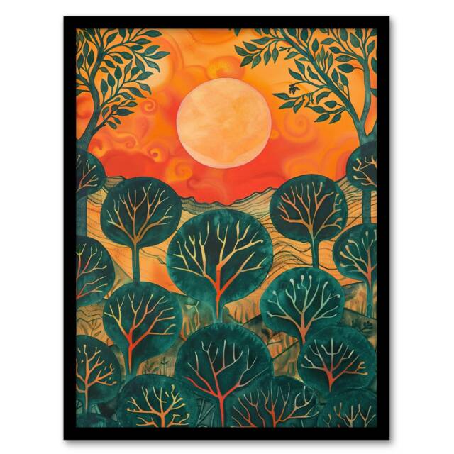 Warm Sunrise Over Forest Nature Living Room Black Framed Wall Art Print A4