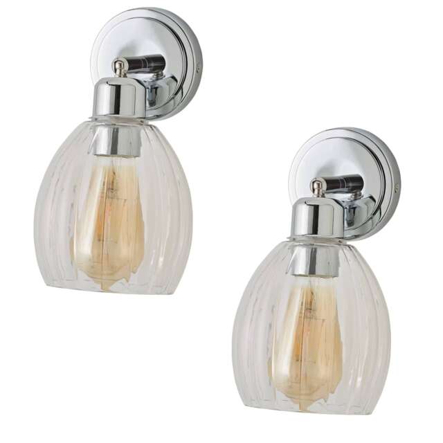 ValueLights Cheltenham Pair Chrome Wall Spotlights Ribbed Shade Chrome