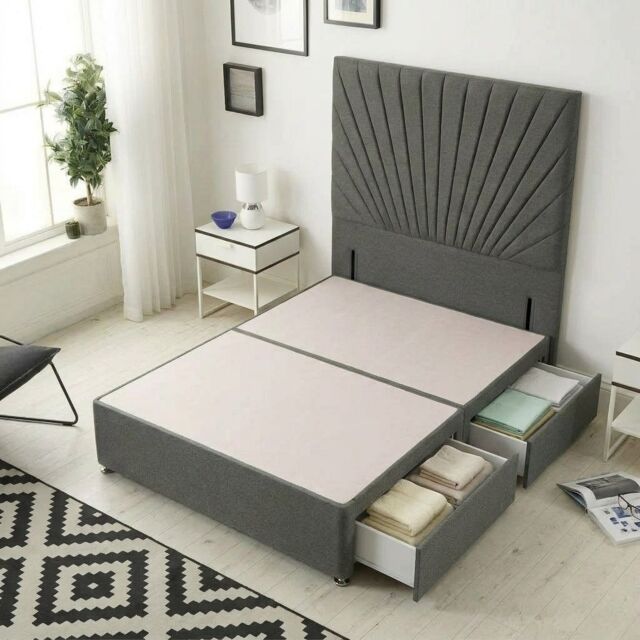Sunburst Divan Bed with 2 Drawers & 54'' Floor Standing Headboard Tweed Fabric Grey Charcoal
