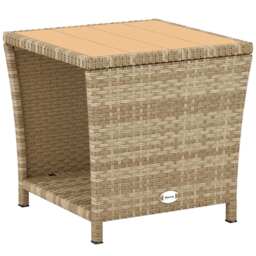 Outsunny Square Patio Side Table 2-Tier PE Rattan with Storage Shelf/Khaki