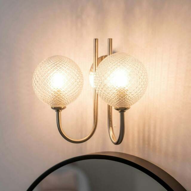 ValueLights Elle Twin Brushed Chrome Wall Light Textured Glass Shade IP44 Bathroom - Bulbs Included Silver